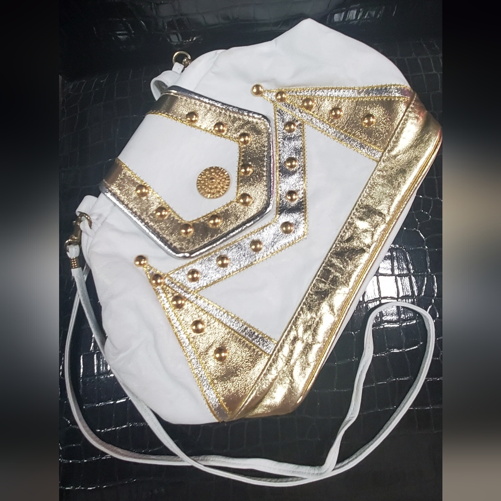 Gold and Silver Embellished White Leather 80s Style Bag